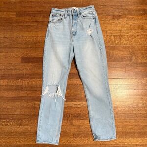 Abercrombie Fitch The Mom High Rise Light‎ Wash Distressed Jeans Women Size 24
